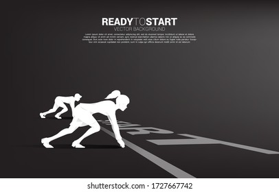 Business concept of gender competition. Silhouette of businessman and business women ready to run at start line on racing track.