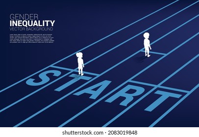 Business concept of gender competition. Silhouette of boy and girl ready to run at start line on racing track.Concept of gender inequality in education.