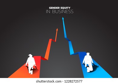 Business concept of gender equity. Silhouette of businessman and business women ready to run on graph track. 