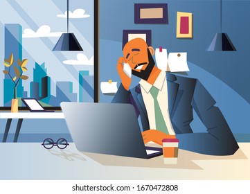 Business concept. General manager talking on phone, vector illustration.
