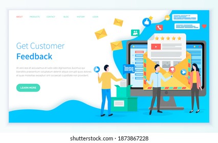 Business concept get customer feedback. Landing page template with characters managers and clients, man puts a letter in a box. Envelope for feedback service, communication and infographic elements