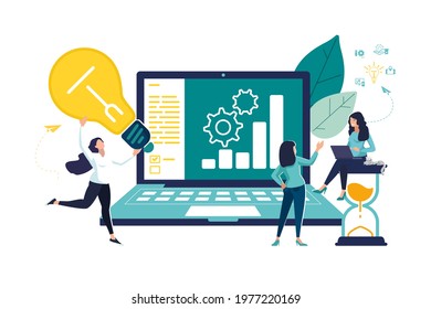 Business concept. Girls planning a business idea in a laptop computer, people teamwork. Hourglass, thinking brainstorming, analysis of company information. Internet business.Vector illustration, green