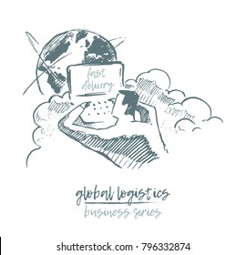 Business concept, global logistics, a businessman with a laptop, looking at the globus, vector illustration, hand drawn, sketch