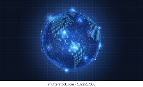 Business concept of Global network connection. World map in dots, abstract Links and bright flashes on dark blue background. Elegant background for business tech presentations - Vector Illustration