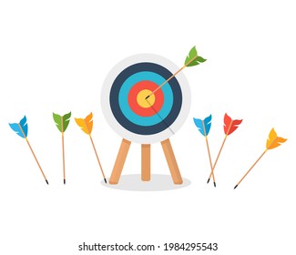 Business concept goal achievement, archery sport competition. Precisely on target or miss, an unsuccessful attempt to hit a target. Vector illustration.