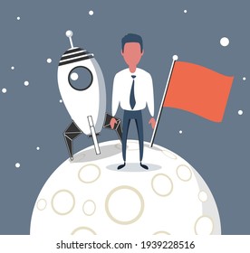 Business concept of goal achievement. Handsome businessman hoisting the flag on the Moon. Stock vector illustration in flat design with cartoon character.