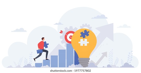 Business concept of goal achievement, professional development, career building and capital gains. Businessman moving up the graph, motivation and success.