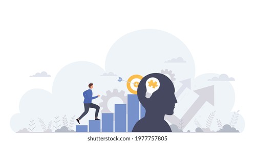 Business concept of goal achievement, professional development, career building and capital gains. Businessman moving up the graph, motivation and success.