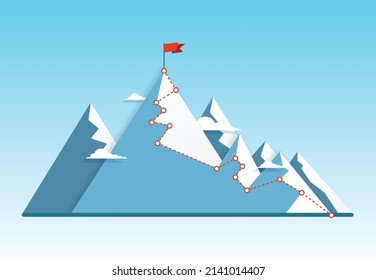 Business concept. Goal achievement, success, winning. Flag on the mountain peak. Vector illustration