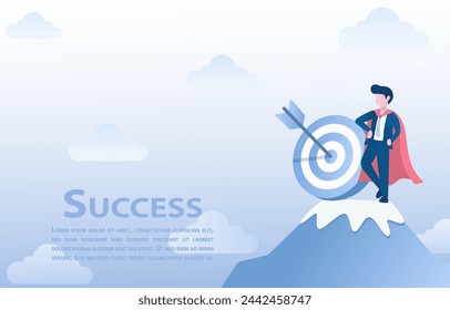 Business concept. Goals and target to success. Super boss standing on the peak of a mountain. The man at the top is the winner and the success. Vector illustration with copy space.