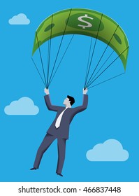 Business concept of golden parachute. Chief executive falling down with dollar bill parachute symbolizing financial success and good profit even in crisis times.