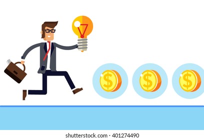 Business concept, good idea equally good earnings. Vector falt illustration of businessman runing with symbol ideas and collect gold coins. Effective idea