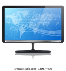 Business concept - Graph on Computer Monitor with Earth and Icons, isolated on white background, vector illustration
