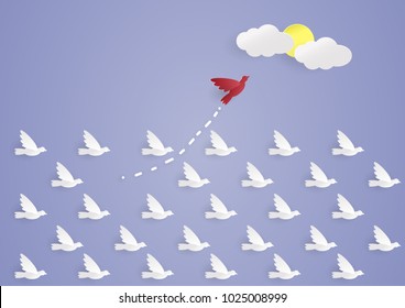 Business concept as a group of paper bird in one direction and with one individual pointing in the different way as a business icon for innovative solution,minimal.digital craft.vector.