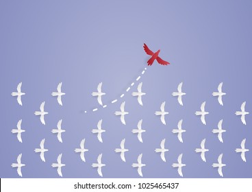 Business Concept As A Group Of Paper Bird In One Direction,minimal.digital Craft.vector.paper Art And Craft Style.