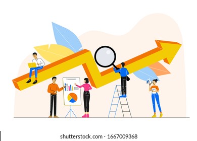 Business concept. A group of people characters or a team members are analyzing, thinking over an idea. Rise of the career to success. Prepare and boost a business project start up. Vector illustration