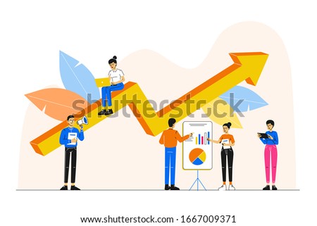 Business concept. A group of people characters or a team members are analyzing, thinking over an idea. Rise of the career to success. Prepare and boost a business project start up. Vector illustration