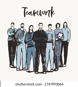 Business concept, group of people are closely standing next to each other in a spirit of togetherness, vector illustration, hand drawn, sketch