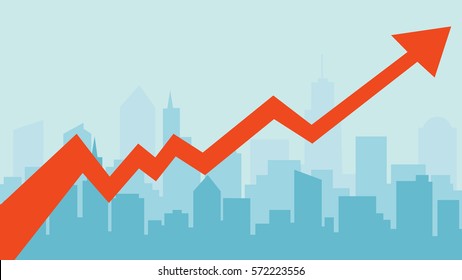 Business Concept, Growing Chart On Blue City Silhouette Banner