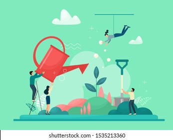 Business concept. Growing your business from the very beginning with a friendly team. Vector concept in cartoon flat style with characters.