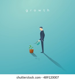 Business concept of growth. Businessman watering small green plant or tree. Symbol of success, future. Eps10 vector illustration.