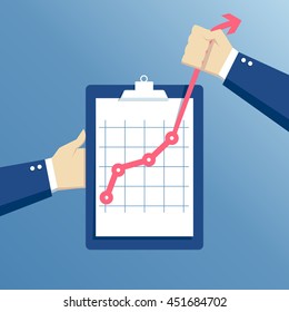 business concept growth, effort and going beyond, hands holding clipboard with graph