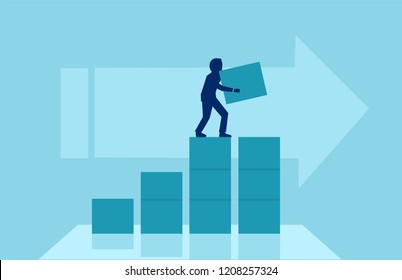 Business concept of growth, success. Vector of a businessman building steps for his corporate career. 