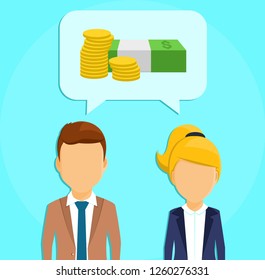 Business concept. A guy and a girl in business suits. Speech bubble with money icon. In flat style on blue background. Cartoon.
