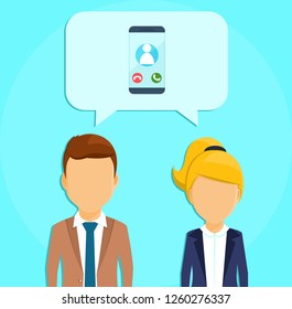 Business concept. A guy and a girl in business suits. Speech bubble with a telephone icon.  In flat style on blue background. Cartoon.