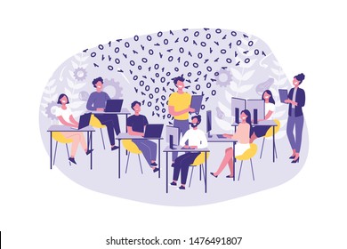 Business Concept Hackathon, Programming. Group of clerks or programmers do their job. Teamwork Hackers and Managers in the office. Cartoon Flat Design, Isolated Vector Illustration