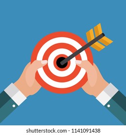 Business concept with Hand of businessman hold target with arrow in modern flat style. Vector illustration EPS10