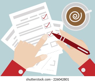 Business Concept Hand Check The Checklist Cartoon Vector