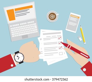 Business Concept, Hand Checking Time Flat Design Vector Illustration