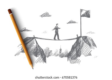 Business concept. Hand drawn businessman coming to his goal. man moves towards the goal isolated vector illustration.