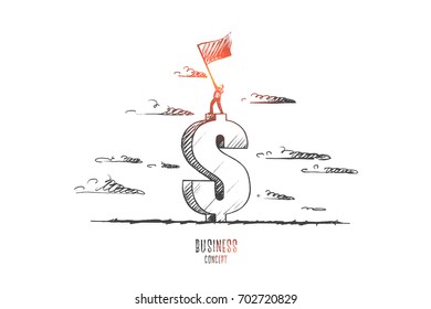 Business concept. Hand drawn man standing on sign of dollar with flag in his hands. before start of new business. Man waving a flag isolated vector illustration.