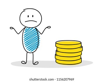 Business concept with hand drawn stickman showing coin stack. Vector.
