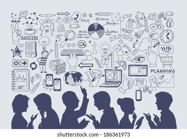 Business concept. Hand drawn vector illustration. silhouettes of people on a background of business icons.