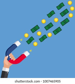 Business concept of hand hold magnet attract money. Vector Illustration EPS10