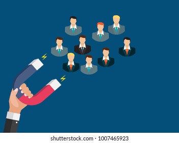 Business Concept Of Hand Hold Magnet Attract Customers. Vector Illustration EPS10