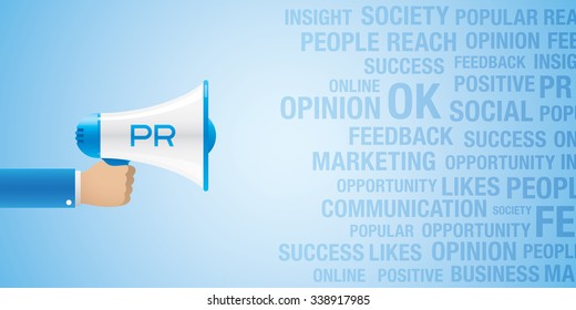 Business concept, with hand holding a bullhorn on a blue background.