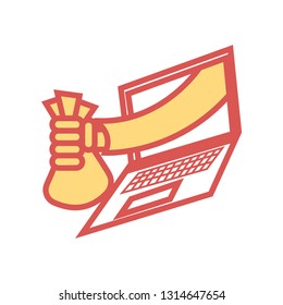 Business concept a hand holding money bag comes out from the laptop screen, online, e-business concept - Vector