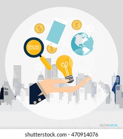Business concept. Hand with business items (mobile phone, globe, money coins, light bulb). Infographics background E-commerce