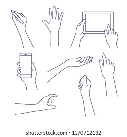 Business concept of hand in many characters, presenting, showing, using tablet and smart phone, writing. Hand line vector design set. Editable stroke.