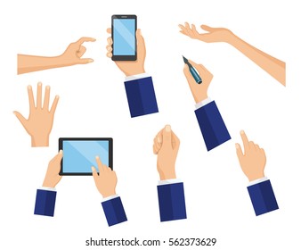 Business concept of hand in many characters, presenting, showing, using tablet and smart phone, writing. Hand flat vector design set.