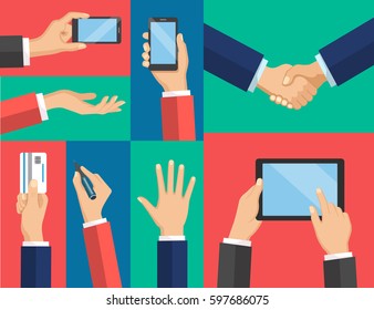 Business concept of hand in many characters, presenting, showing, using tablet and smart phone, writing. Hand flat vector design set.