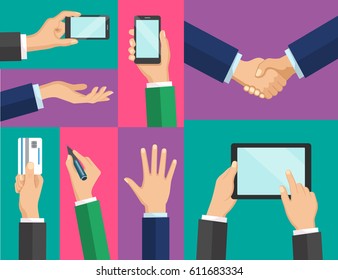 Business concept of hand in many characters, presenting, showing, using tablet and smart phone, writing. Hand flat vector design set.