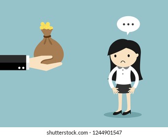 Business concept, Hand offers money to business woman. Vector illustration