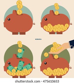 Business concept. Hand and Piggy bank with money coins. Vector illustration