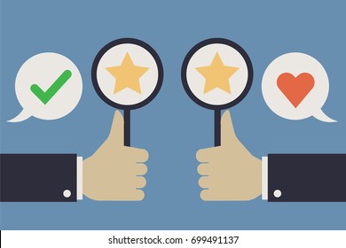Business concept of business hand thumbs up with customer review and positive feedback . 
