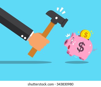 Business concept hand try to smashing pink piggy bank